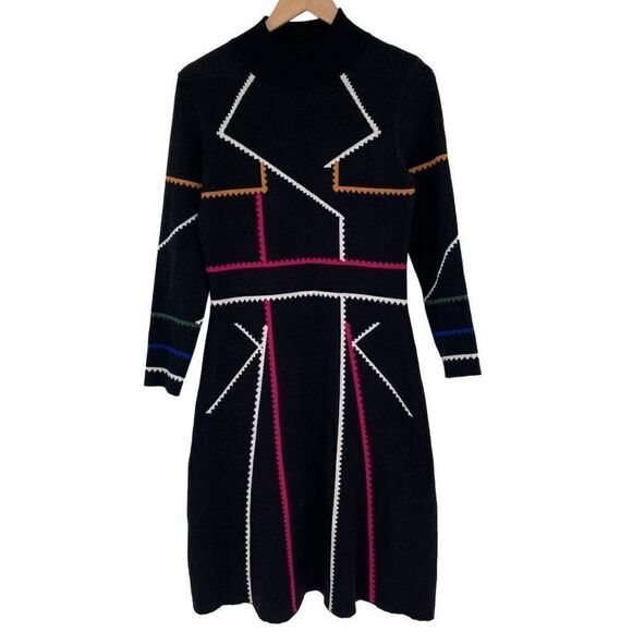 Epik‎ Knit Midi A-Line Dress Long Sleeves Mock Neck Soft Women Medium Black - Picture 2 of 8